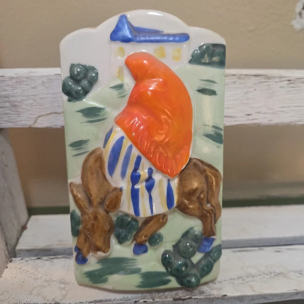 Vintage Japan Christmas Themed Mary Sitting Donkey Wall Pocket Religious Decor
